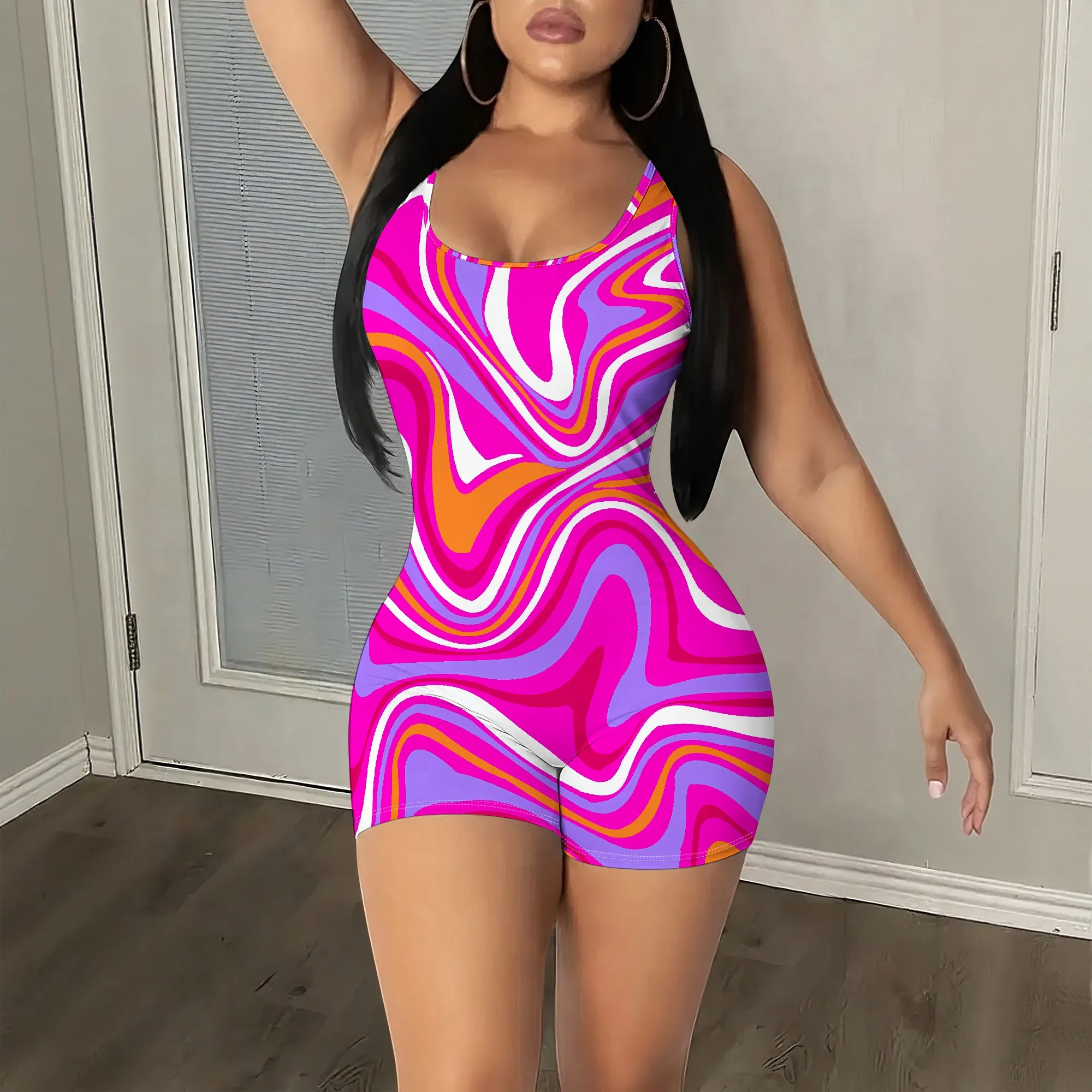 

Psychedelic Swirl Romper, Sleeveless Bodycon Playsuit, Vibrant Print Jumpsuit, Summer Beach Party Wear, S-2XL
