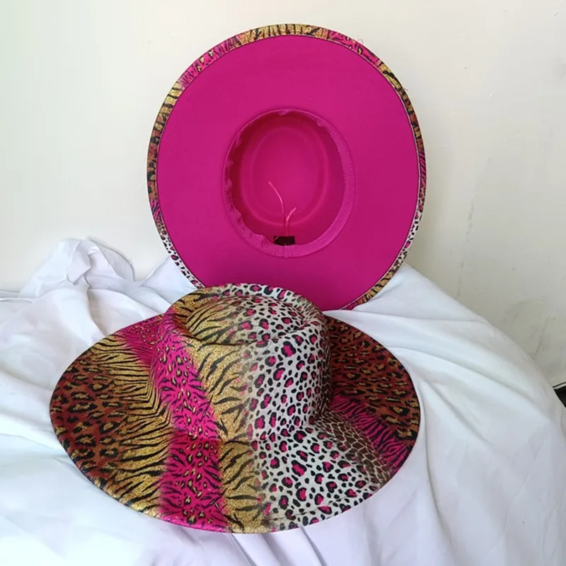 9.5cm rose red leopard print fedora hat 2022 new wide brim bump hat men and women fashion unique style ladies fedora hat men