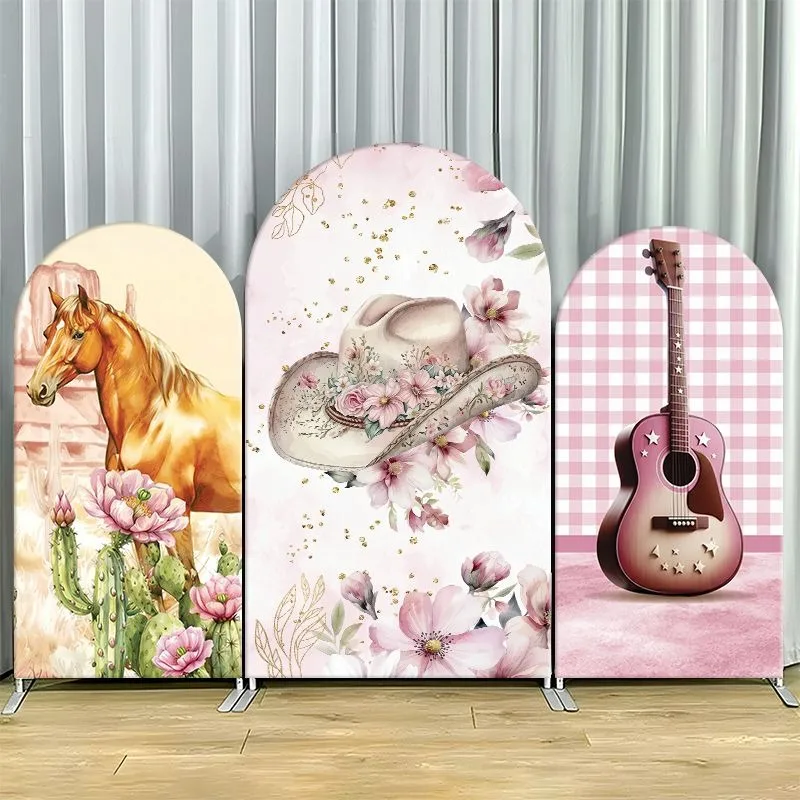 

Single Side Arch Backdrop Cover Western Themed Party Backdrop Featuring Horse Cactus Floral Hat and Guitar Design for Rustic