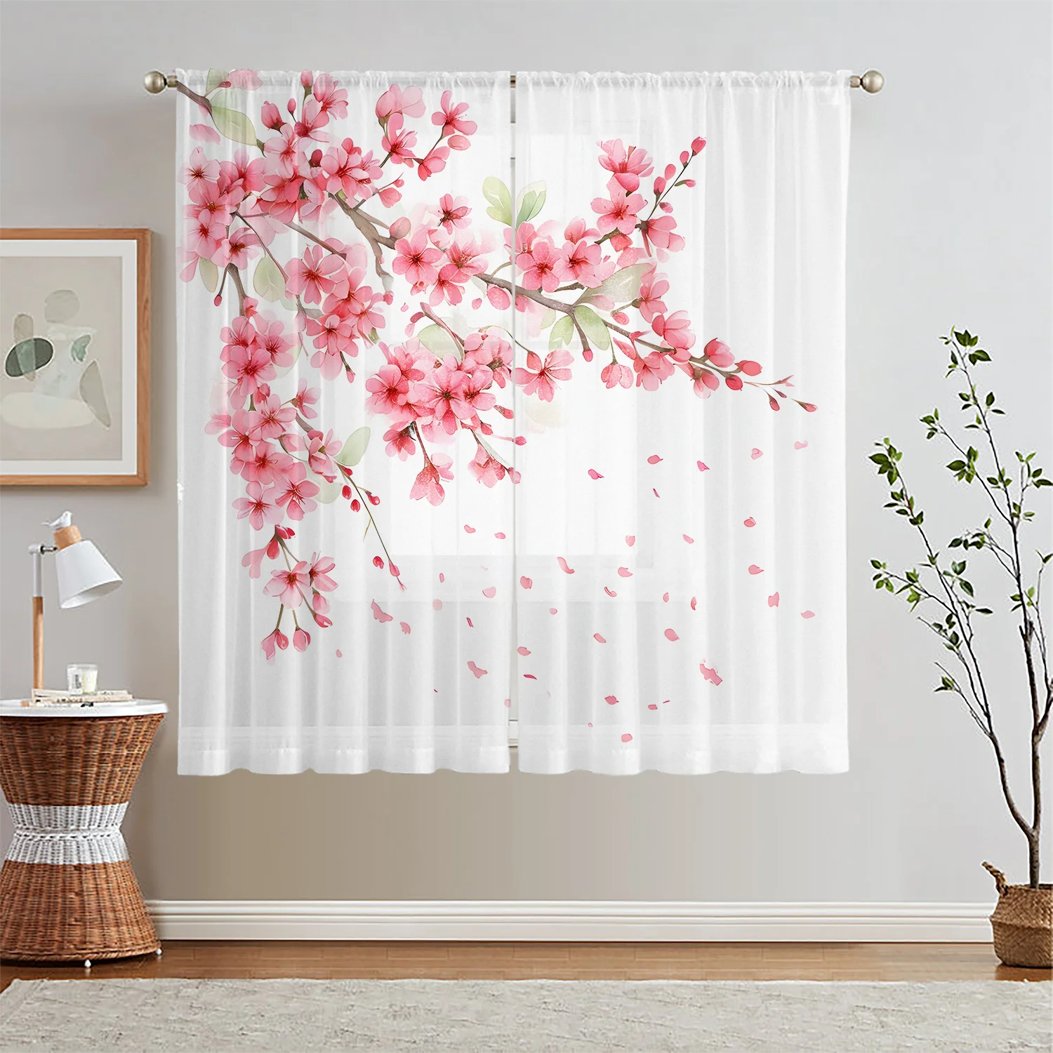 قطعتان من ستائر مطبوعة بزهر الكرز، قماش بوليستر، قابلة للغسل في الغسالة، مناسبة لتزيين غرفة النوم وغرفة المعيشة
