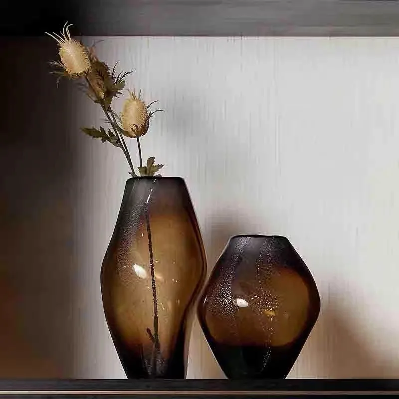 Brown Glass Vase Transparent Irregular Shape Flower Arrangement Accessories Terrarium Home Decoration