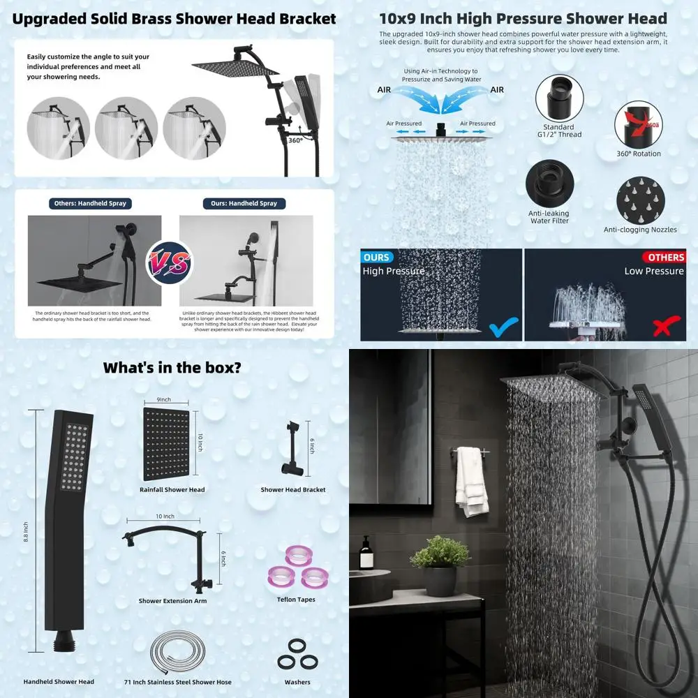 

10 Rainfall Shower Head Set with High-Pressure Handheld, 16 Extension Arm, 71 Hose, Matte Black