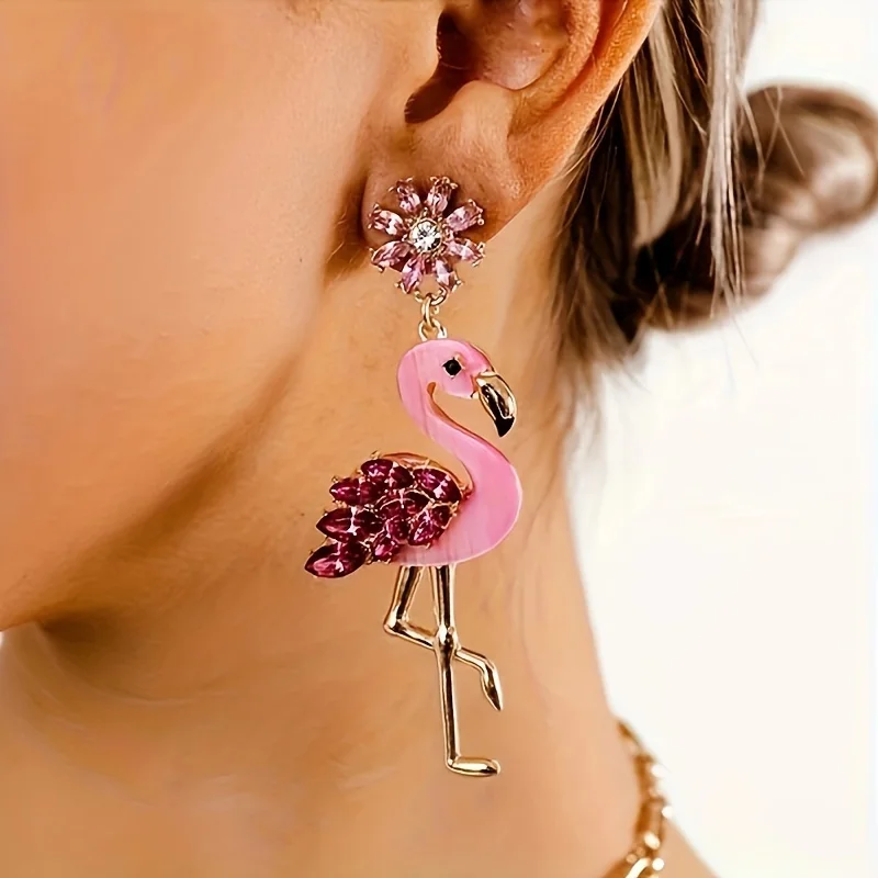 Dvacaman Pink Rhinestone Flamingo Earrings, Cute Animal Dangle Earrings for Women Holiday Party Jewelry Accessories