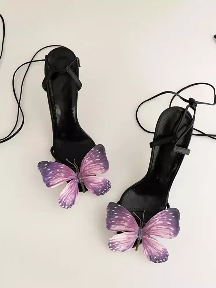 Butterfly Flower Sandals for Women 2024 New Summer French Fashion Versatile Thin Heel Open Toe High Heels