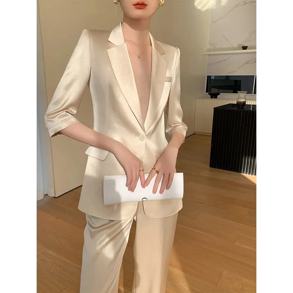 Summer Spring 2024 New One Button Half Sleeve Blazer Jacket Coat Casual Two-piece Elegant Women's Trousers Office Lady Suit