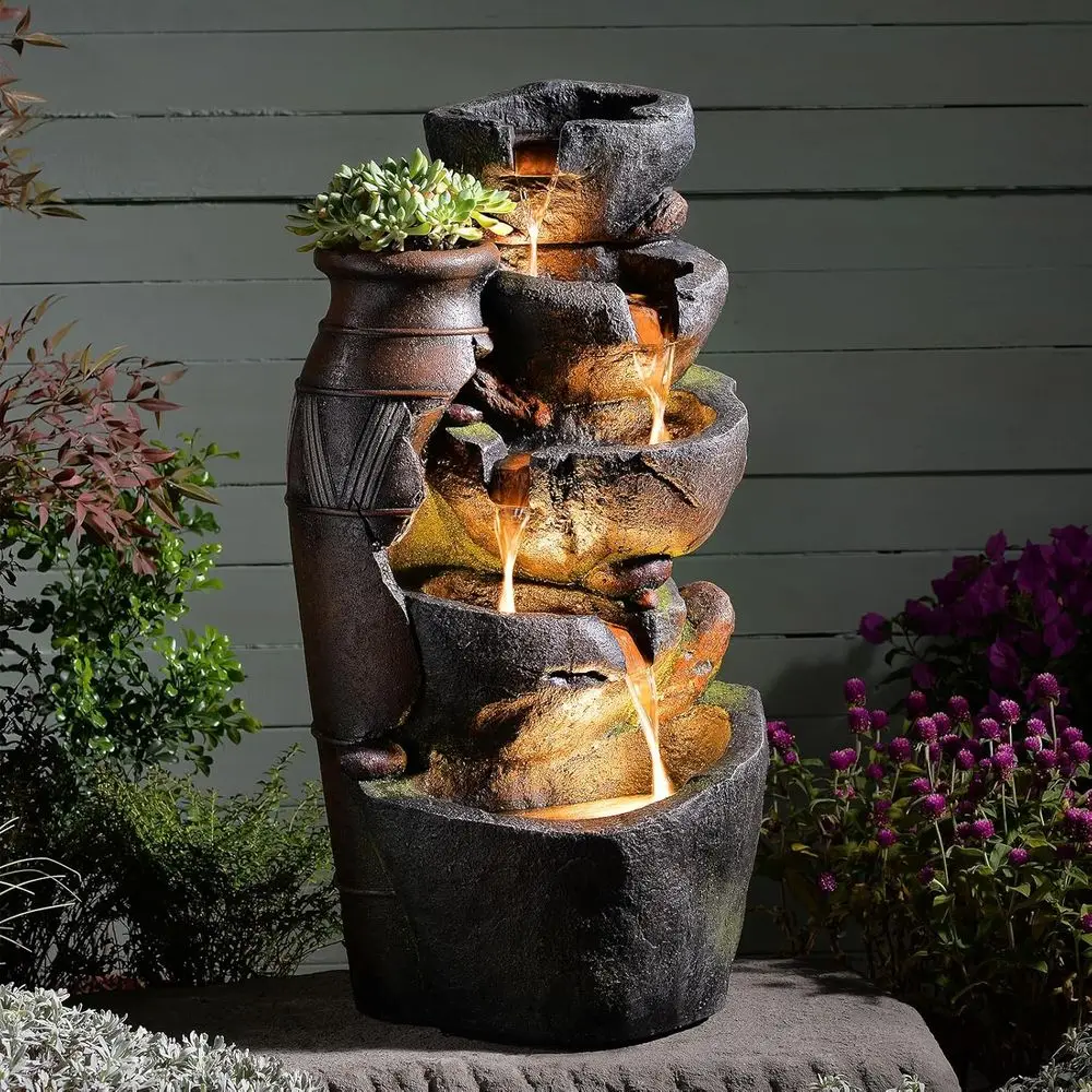 

3-Tier Rock Water Fountain with Vintage Jar, LED-lit Outdoor Waterfall for Garden, Patio, and Deck Decor, 16.5 L x 12.6 W x 31.7