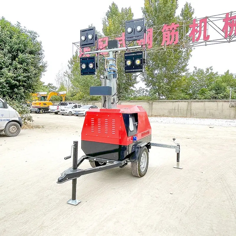 Professional Mobile Light Tower Diesel Generator Ultra Bright Round LED Heads Telescopic Lift Light Station Trailer