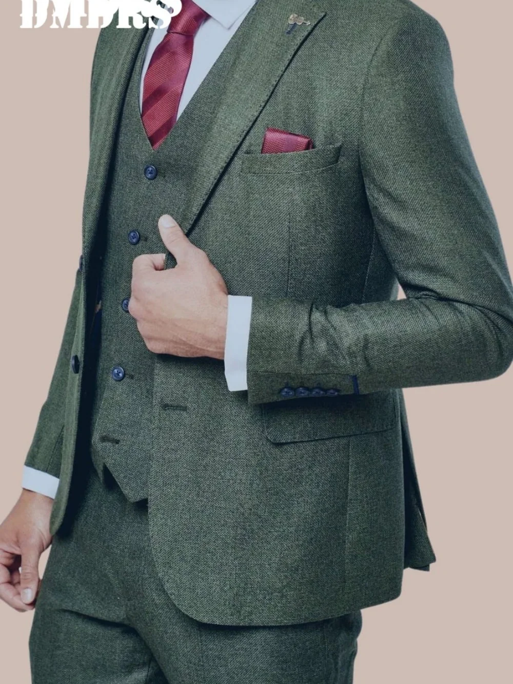 

Elegant Men's 3PCS Green Tweed Suit Set 2025 Elegant Formal Wedding Party Occasion Groom Outfit Jacket Vest Pants