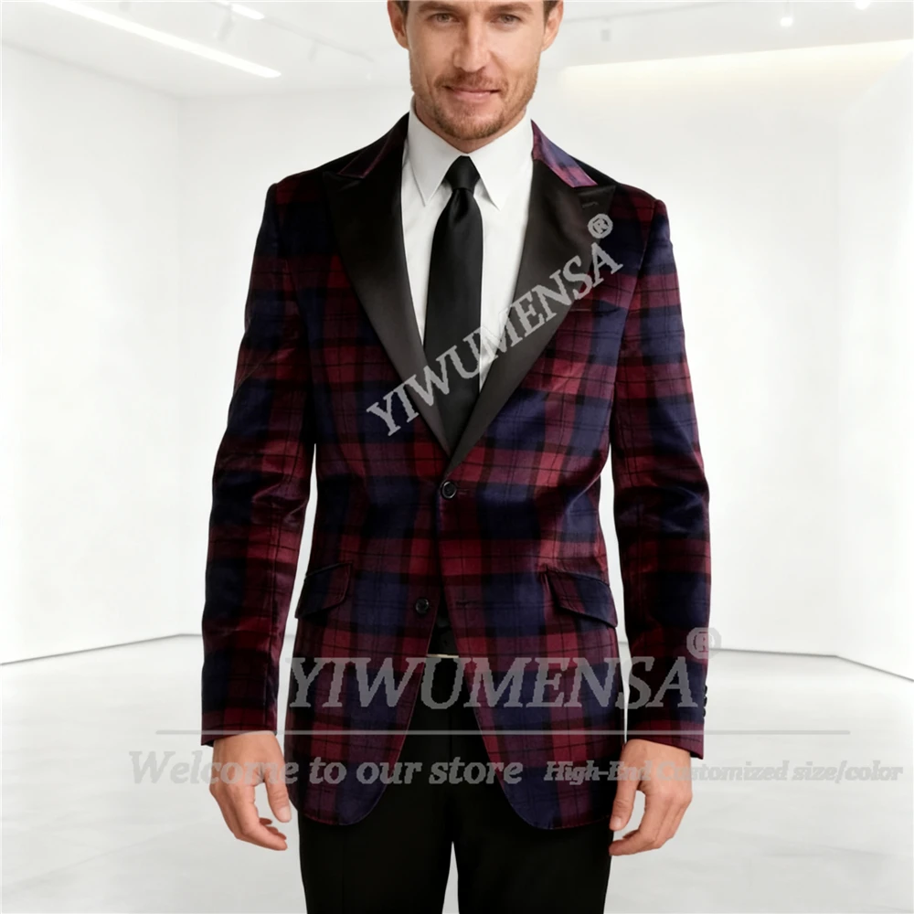 

Plaid Check Men Suits Slim Fit Customized Peak Lapel Groom Wedding Tuxedos 2 Pieces Sets Male Prom Blazers Formal Costume Homme
