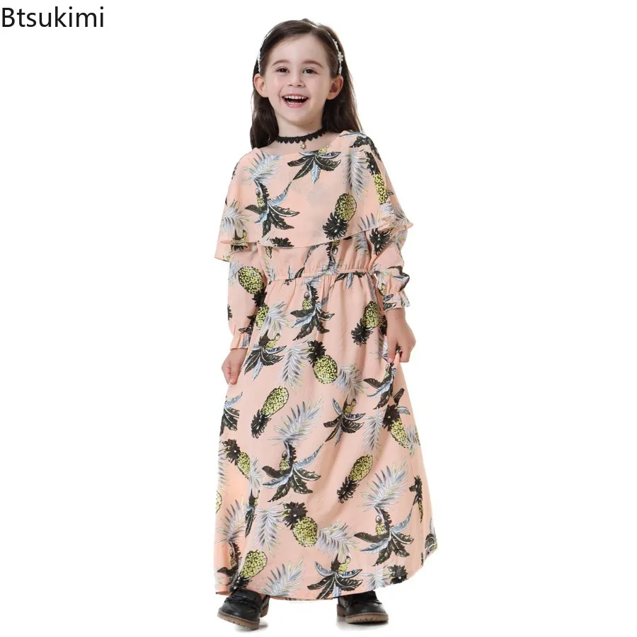 2024 Eid Muslim Floral Printed Abaya Girls Maxi Dress Children Long Sleeve Kaftan Robe Arabic Prayer Gown Kids Holiday Clothing