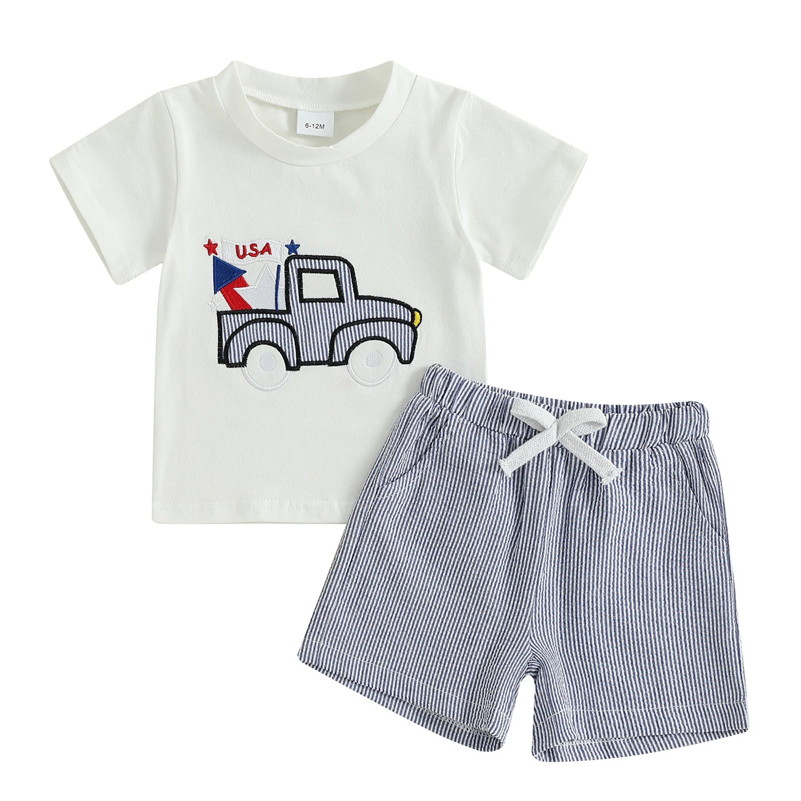 

Toddler Boy 4th of July Outfit Truck Embroidery Short Sleeve Round Neck T-Shirt Stripe Print Shorts 2Pcs Outfit