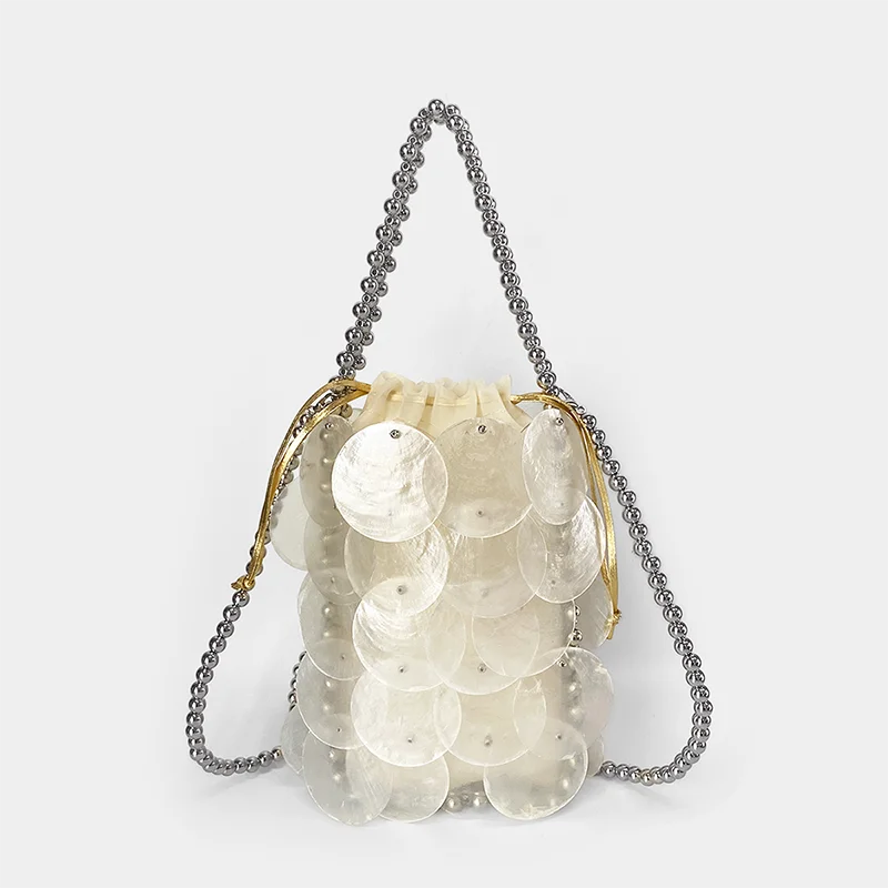 

2024 new square shell small bag silver handmade bead shoulder strap accessory handbag for women