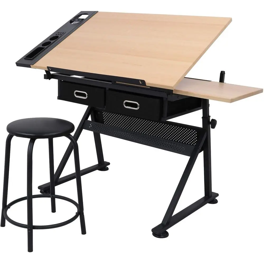 Ergonomic Adjustable Height Desk with Stool, Wide Tabletop for Office, Art, and More
