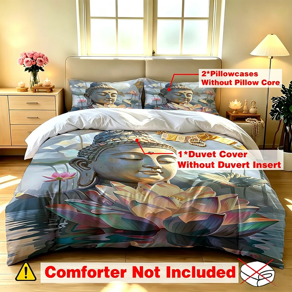 Buddha Lotus Duvet Cover Set 3Pcs Zen Meditation Spiritual Floral Print Bedding Soft Microfiber Comforter Cover