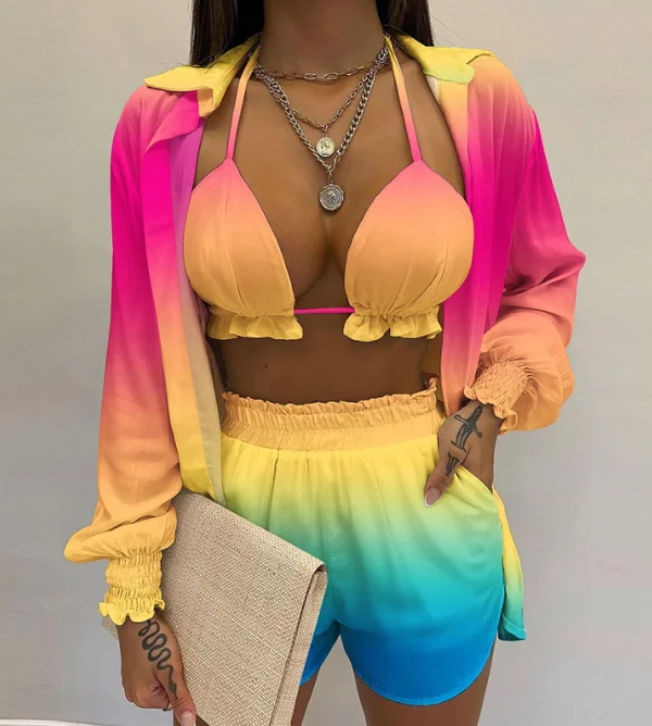 

Sexy Beach Vacation Print Suit For Woman Fashion Camisole Lapel Cardigan Elastic Waist Shorts Three Piece Set 2024 Summer New