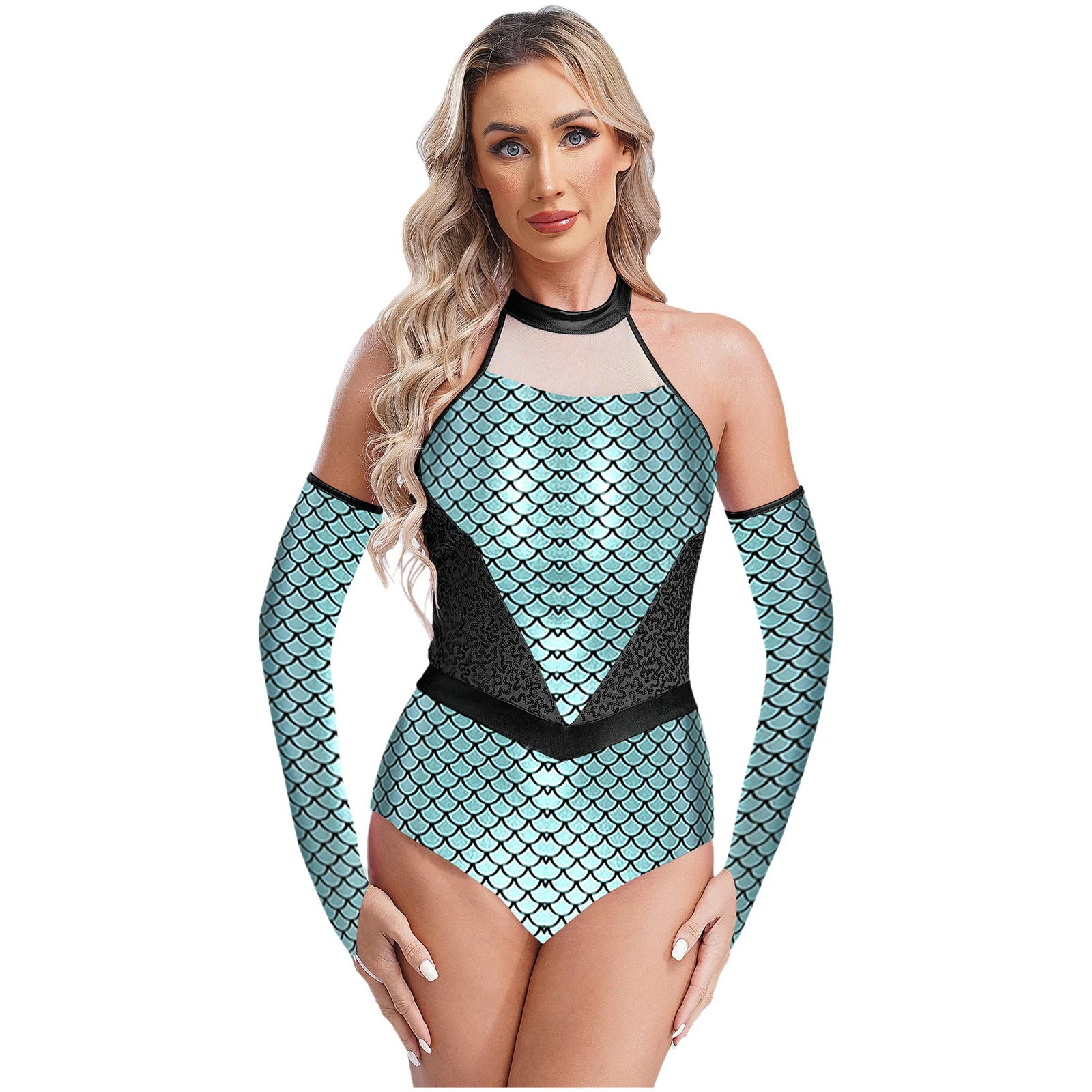 

Women Sequin Mermaid Cosplay Bodysuit with Fingerless Gloves Halter Sleeveless High-cut Jumpsuit for Carnival Halloween Costume