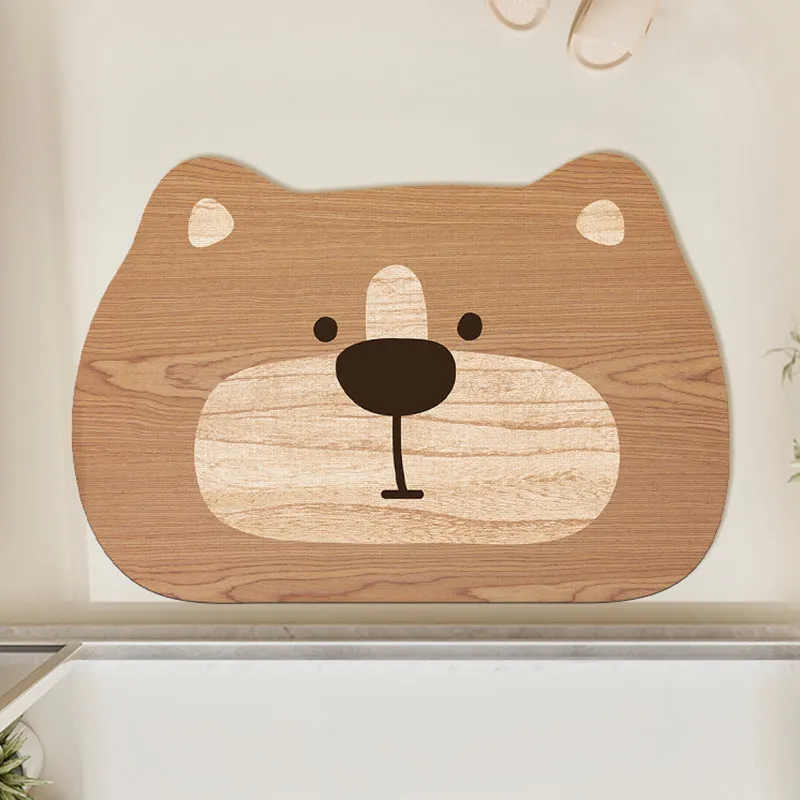 VIKAMA Wood Grain Bear Head Shaped Bath Mat Non Slip Washable Absorbent Floor Rug Cute Cartoon Animal Bathroom Home Decor Mat