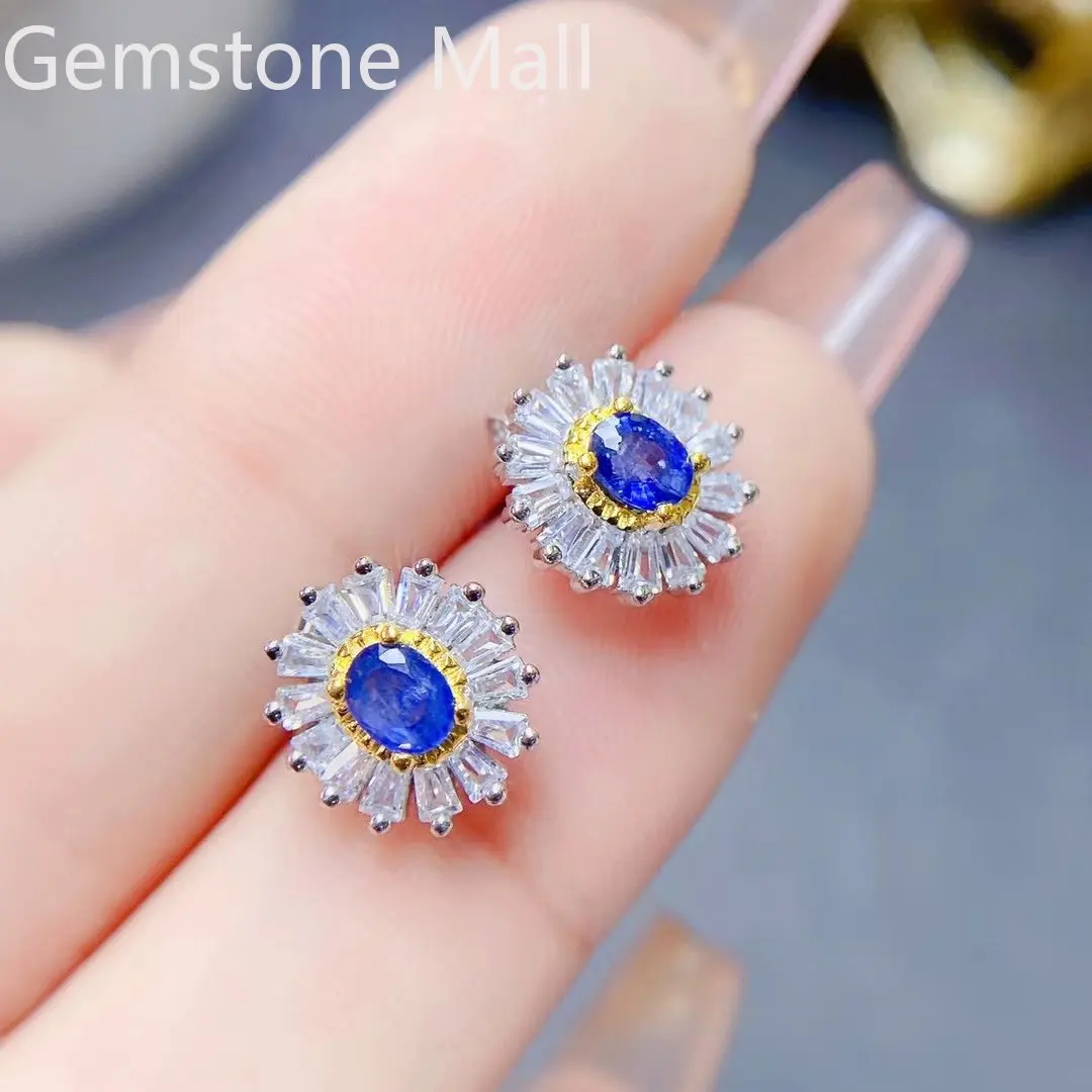 Classic 925 Silver Sapphire Stud Earrings Office Woman 4mm*5mm 1ct 100% Natural Sapphire Earrings with Gold Plating