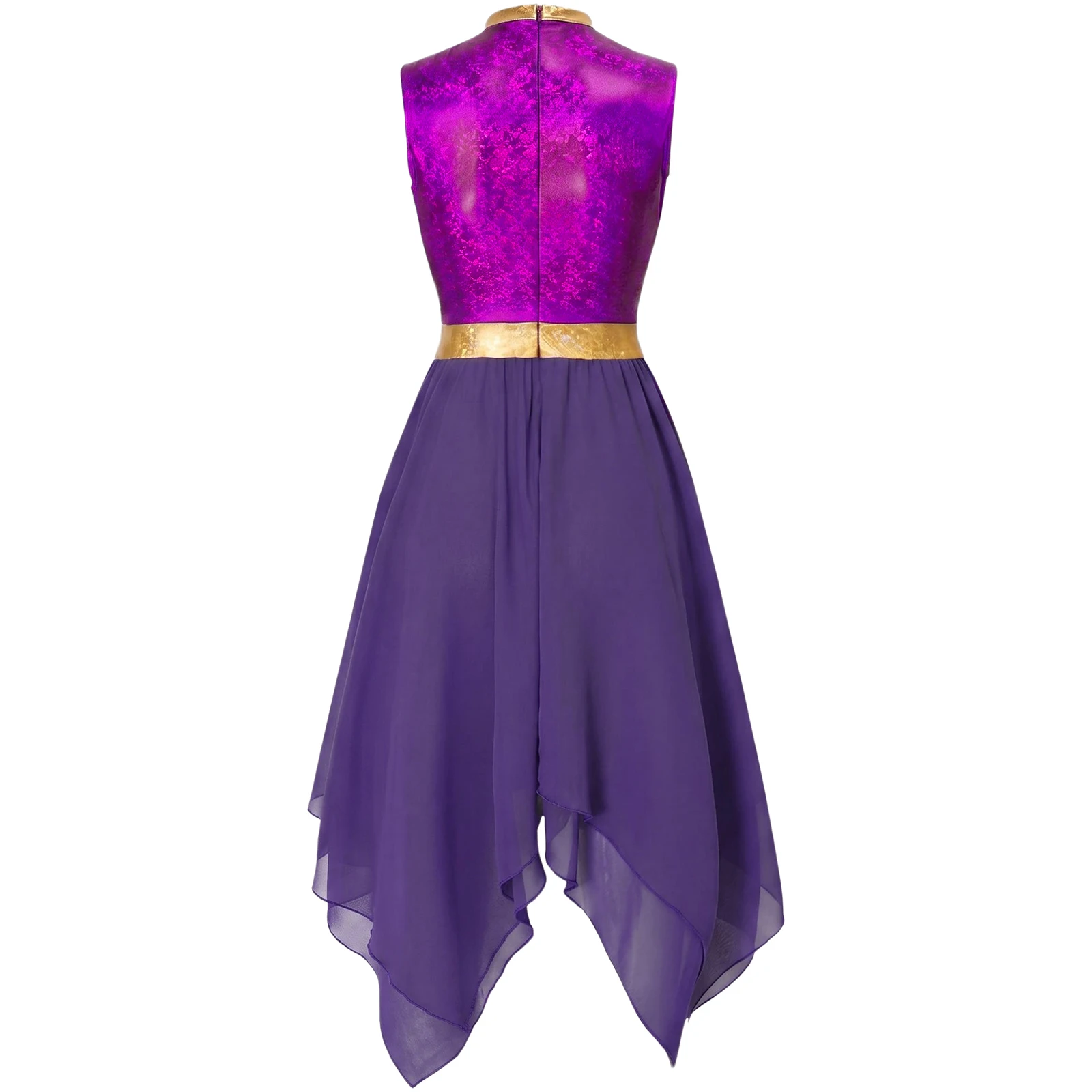 Damen-Lyrik-Tanzkleid, Kostüm für Gottesdienste und Lobgesänge, mit Metallic-Print, aufgesetztem Oberteil, Schlüssellochausschnitt vorne, ärmellos, unregelmäßiger Saum, Tunika-Kleid. – Detail 13