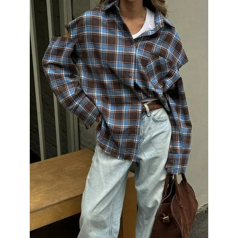 

Ladies Plaid Shirt Fashion Vintage Lapel Long Sleeve Single Breasted Trend Loose Comfortable Top High Street Jacket