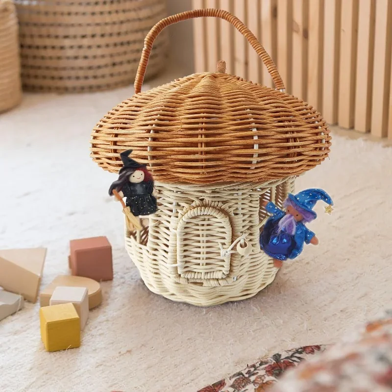 Rattan Mushroom Storage Basket Cute Cartoon Handwoven Nut Wicker Handbag Outdoor Picnic Women Tote Straw Bag Children Organizer