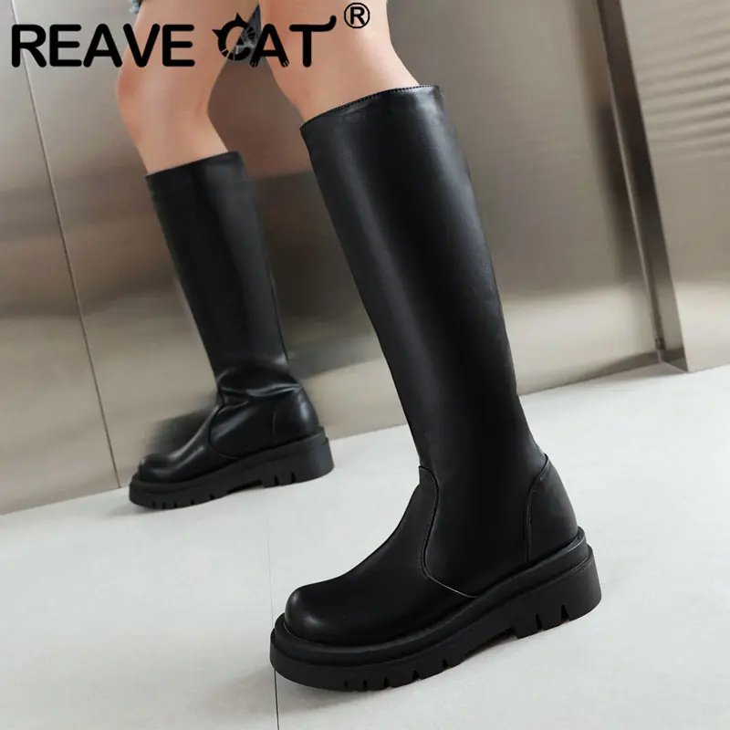 

REAVE CAT Stretch Boots for Women Round Toe Thick Heels 5cm Platform Slip On Sexy Party Female Thigh Booties Plus Size 41 42 43