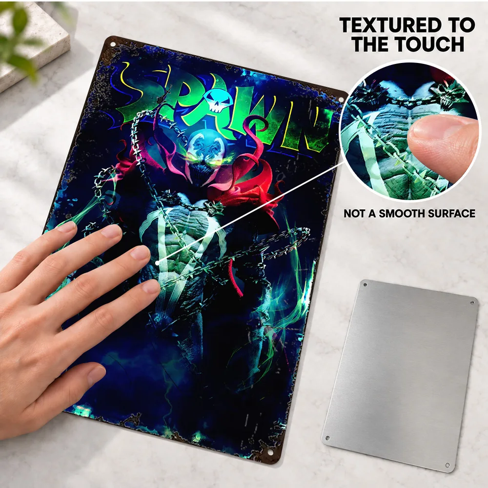 Spawn With Neon Green Eyes Textured Metal Poster Customized Aluminum Sign Detailed Illustration Wall Art For Comic Book Shop