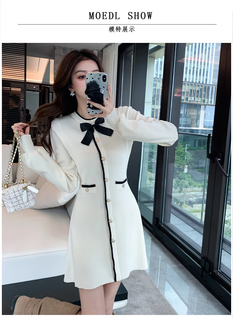 Vestido suéter de punto ajustado lindo de manga larga con cuello redondo fragante de otoño e invierno para mujer