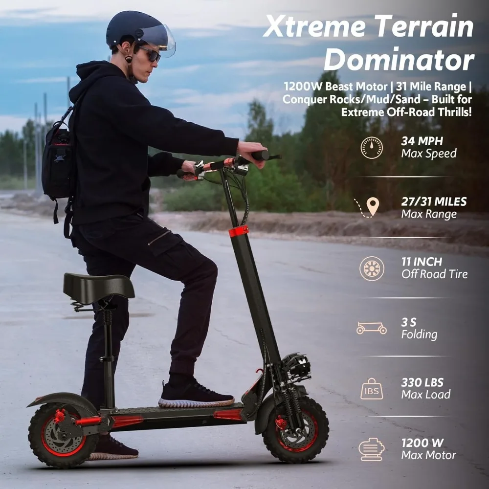 1200W Electric Scooter for Adult 48V/18AH 34MPH Off Road Tire Double Suspensions
