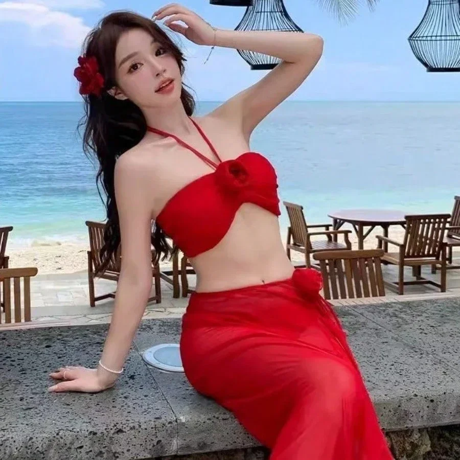 

Red Solid Beach Skirt Split Bikini Three Piece Set