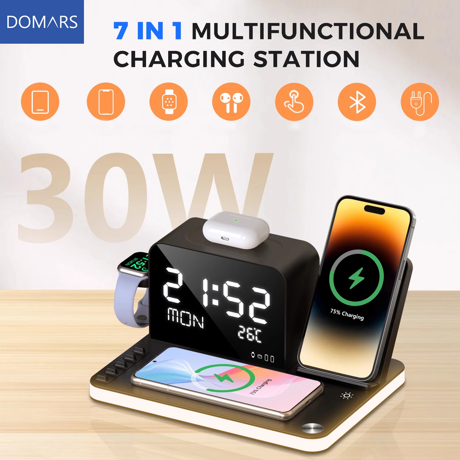 Domars 7-in-1 Fast Wireless Charging Station With Clock and Night Light Magnetic Charging Stand for Phones Headphones Smartwatch