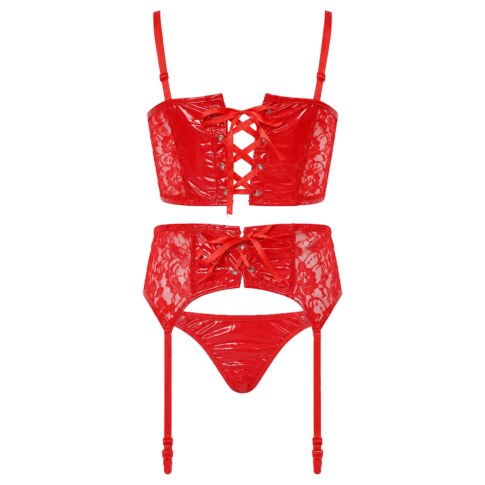 Damen-Bikini-Set aus PU-Leder mit Spitze und Patchwork-Design, bestehend aus einem kurzen Oberteil und einem passenden Höschen mit Strumpfband, ideal für Bühnenauftritte und Partys, zweiteiliges Badeoutfit. – Detail 12