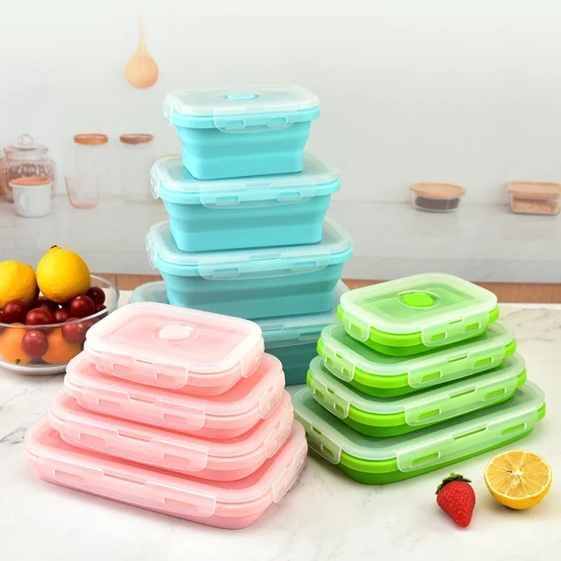 

4Pcs Silicone Lunch Box Collapsible Rectangle Bento Box Portable Salad Fruit Food Container Home Kitchen Outdoor Food Storage