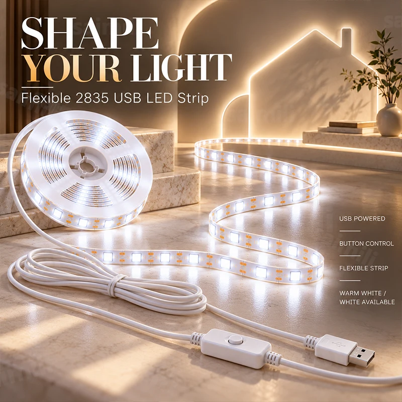 Flexible LED Strip Lights USB Button Switch Cuttable Strong Adhesive For Dining Room Sideboard Cabinet Home Atmosphere Decor