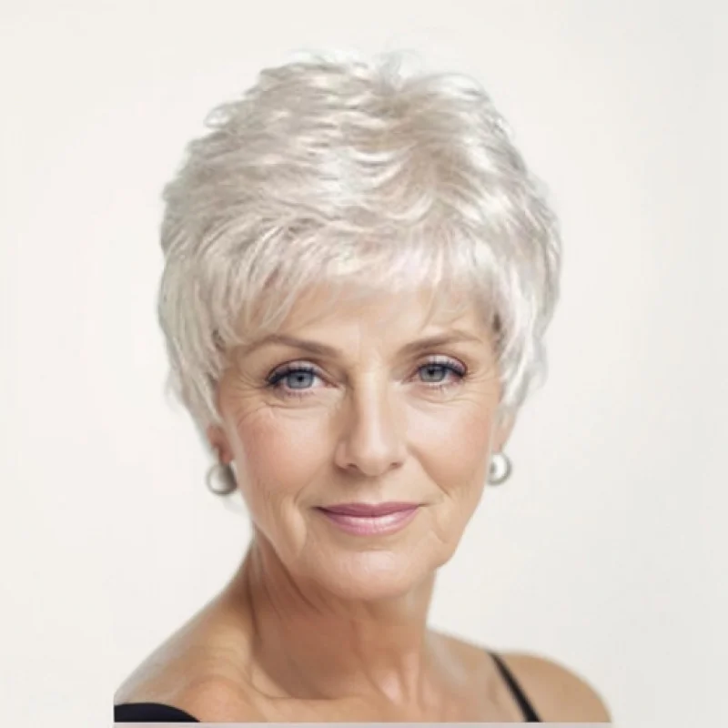 

Wig: Elderly silver-white short hair for women, side-parted with oblique bangs