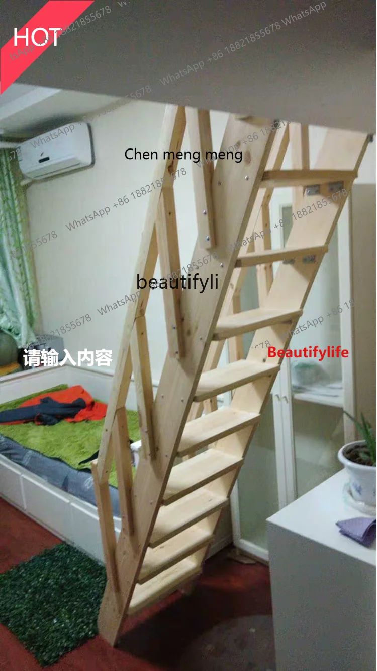 scn8617 Solid Wood Loft Stairs Household Duplex Ladder with Armrest Pine Wooden Simple Climbing Straight Ladder