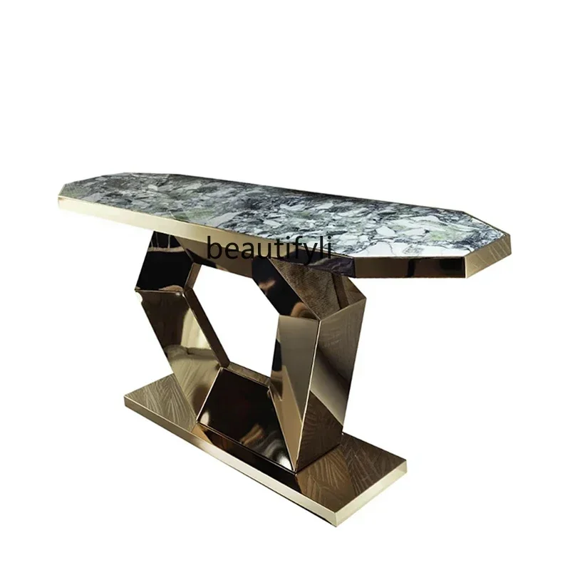 

55Light luxury marble stainless steel porch table End view table Villa wall table