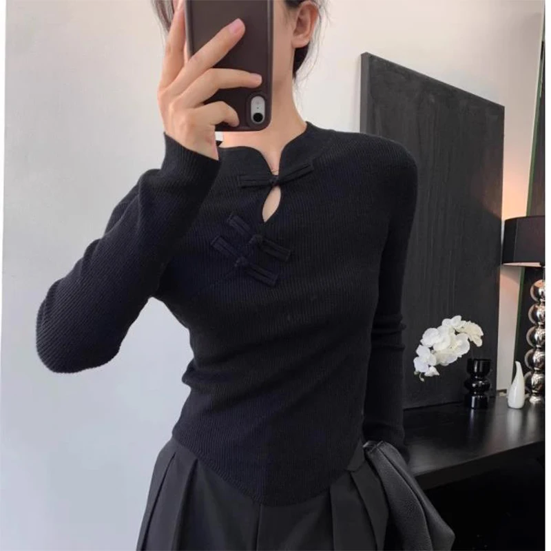 Autumn Winter Chinese Style Flog Slim Sweater Female Literary Vintage Bottoming Jumpers Ladies Solid Color Knitting Top Women