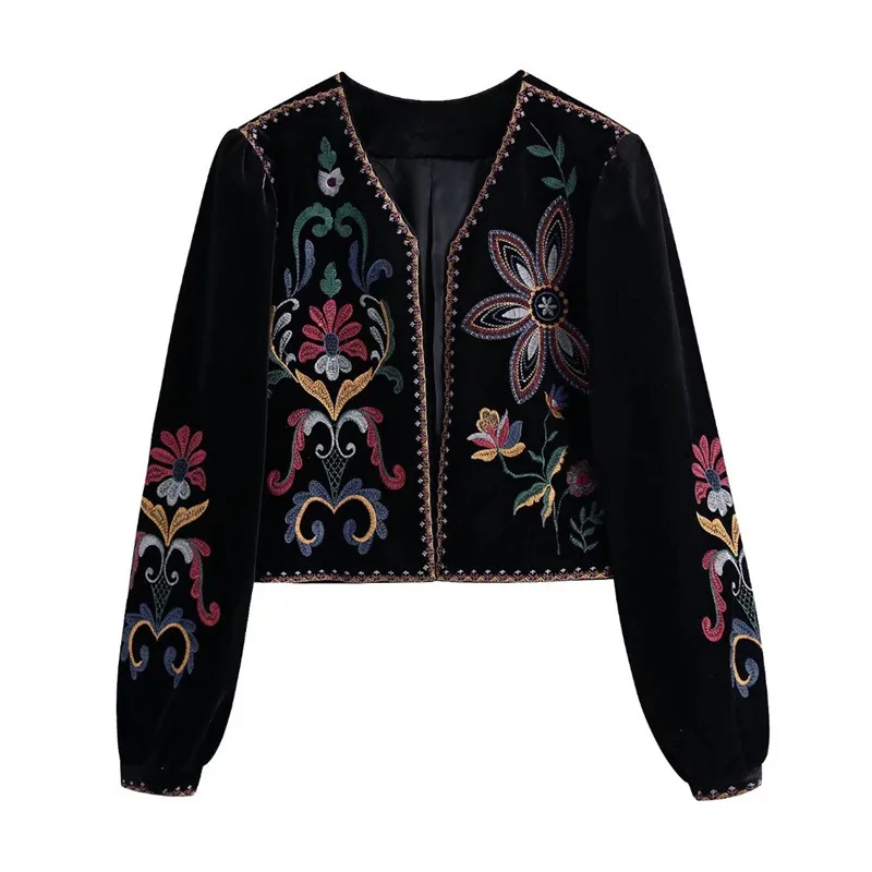 

Embroidered Autumn Women's Knit Cardigan Flower Print V-Neck Long Sleeve Lady's Coat National Style Velvet Sweater For Female