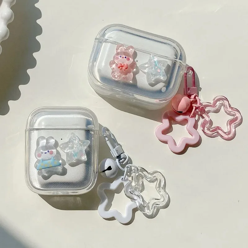 

Crystal Cute Rabbit Star Earphone Case For AirPods 4 Pro 1 2 3 Luxury Transparent Protective Cover with Stars Ornament Keychain