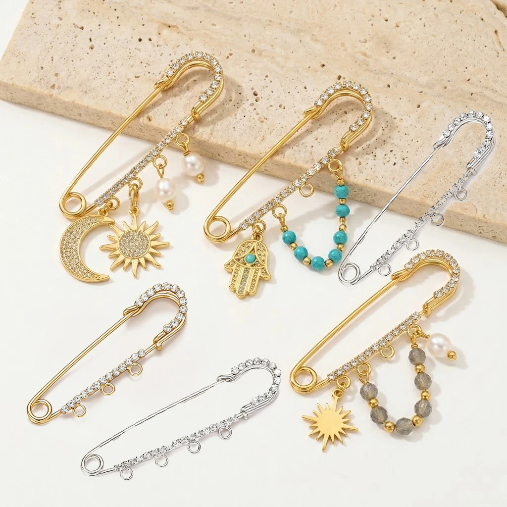 5pcs Rhinestone Charms Safety Pins Long Brooch Base 3/4/5 Rings for DIY Clothes Jewelry Making Supplies Accessories Findings