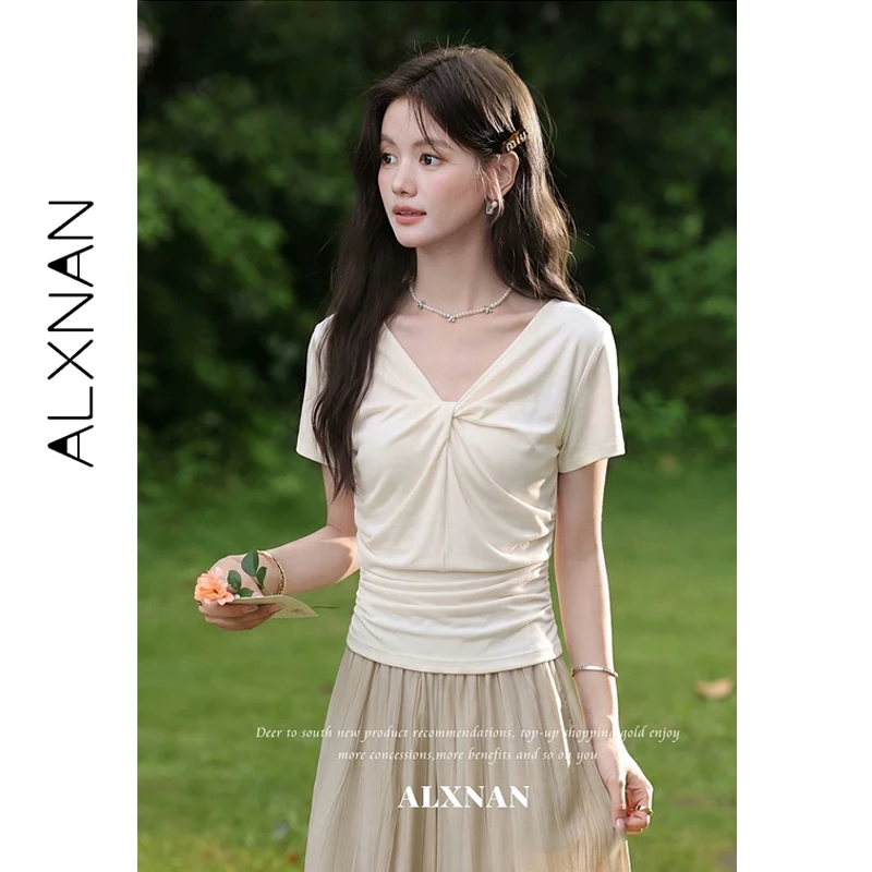 

ALXNAN V-neck Twist T-shirt Waist Pleated Slim-fit Short Sleeve T-shirts 2026 Summer Casual Elegant Fashion Women's Top L65767A
