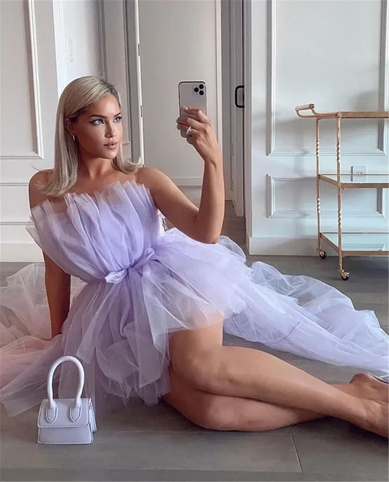 Venda quente elegante feminino alto baixo tule vestido sem alças cor sólida em camadas cocktail vestido de baile preto roxo