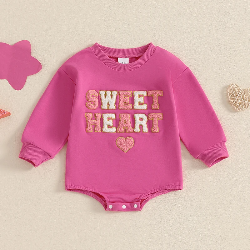 Baby Girl Spring Fall Romper Heart Letter Embroidery Long Sleeve Crew Neck Valentine Day Bubble Jumpsuit for 0-18 Months