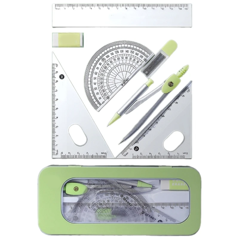 7Pcs Math Geometry Tool Include Geometry Set Square, Protractor, Eraser