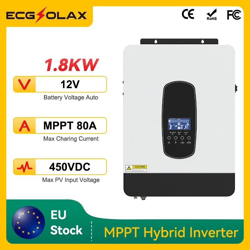 ECGSOLAX 1.8KW Invertito solare ibrido 12V 230V con controller di carico MPPT 80A Sinusoidale puro con inverter ibrido Max PV 450V