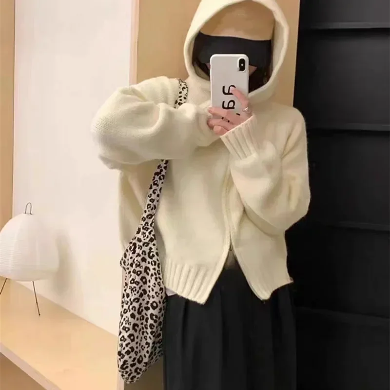 

Hooded solid color double zipper sweater jacket for women's autumn and winter collectionKorean versionloosefittingraglan sleeves