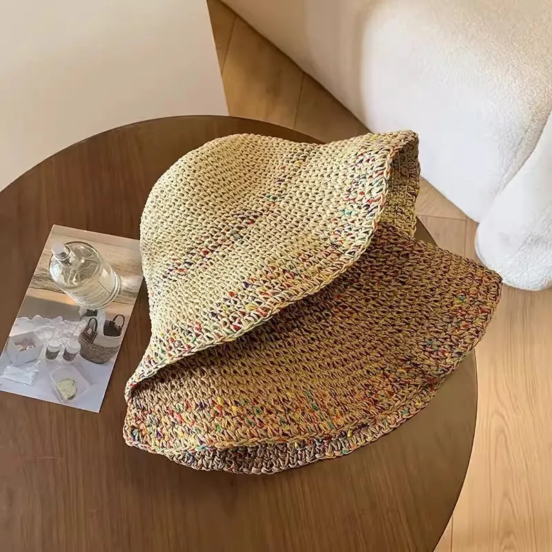Women Summer Beach Straw Hat Visor Bucket Hat Hand Weaving Panama Girl Fishing Rainbow Sun Hats for Women