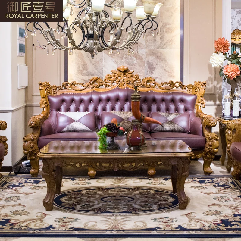 

European villa pomelo wood carving flower pure solid wood sofa luxury American leather living room combination large family type