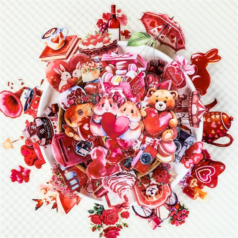 

56PCS Kawaii Red Love PET Sticky Sticker Aesthetic Tear Open DIY Decoration Scrapbooking Sketchbook Supplies for Kids